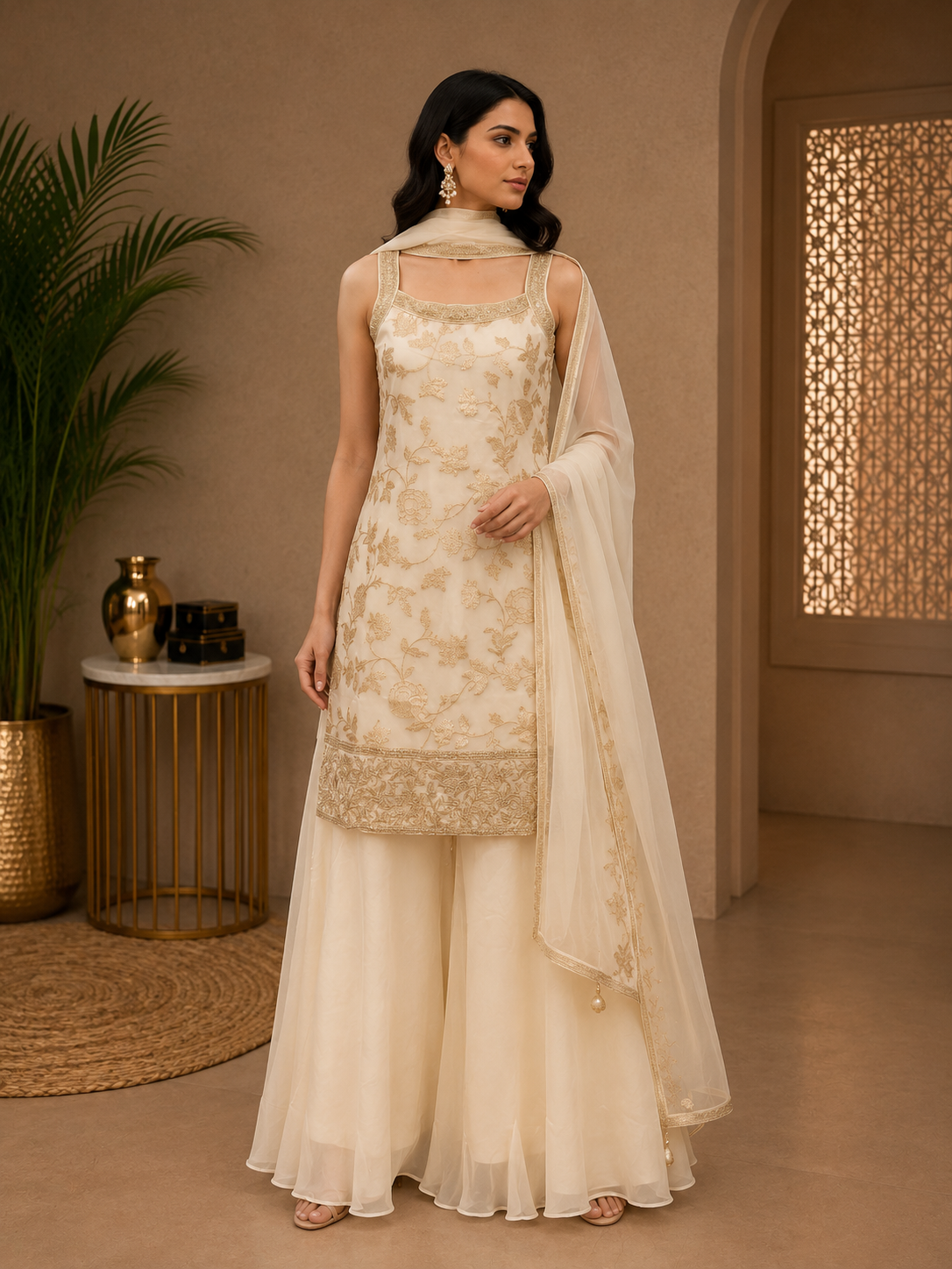 Ivory Banarasi Silk Embroidered Palazzo Suit Set